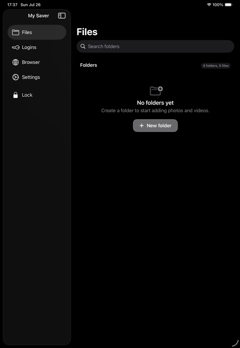 My Saver on iPad showing the Files screen and navigation sidebar