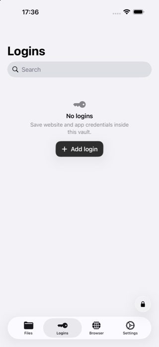 My Saver saved logins screen with search and favorites