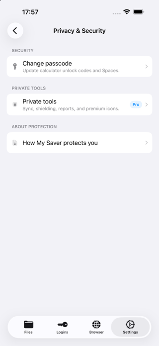 My Saver Privacy and Security settings screen